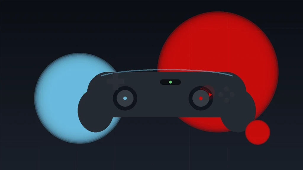 Ilustración de un mando estilo PS5 con el stick derecho mostrando drift, señalado con un icono de aviso